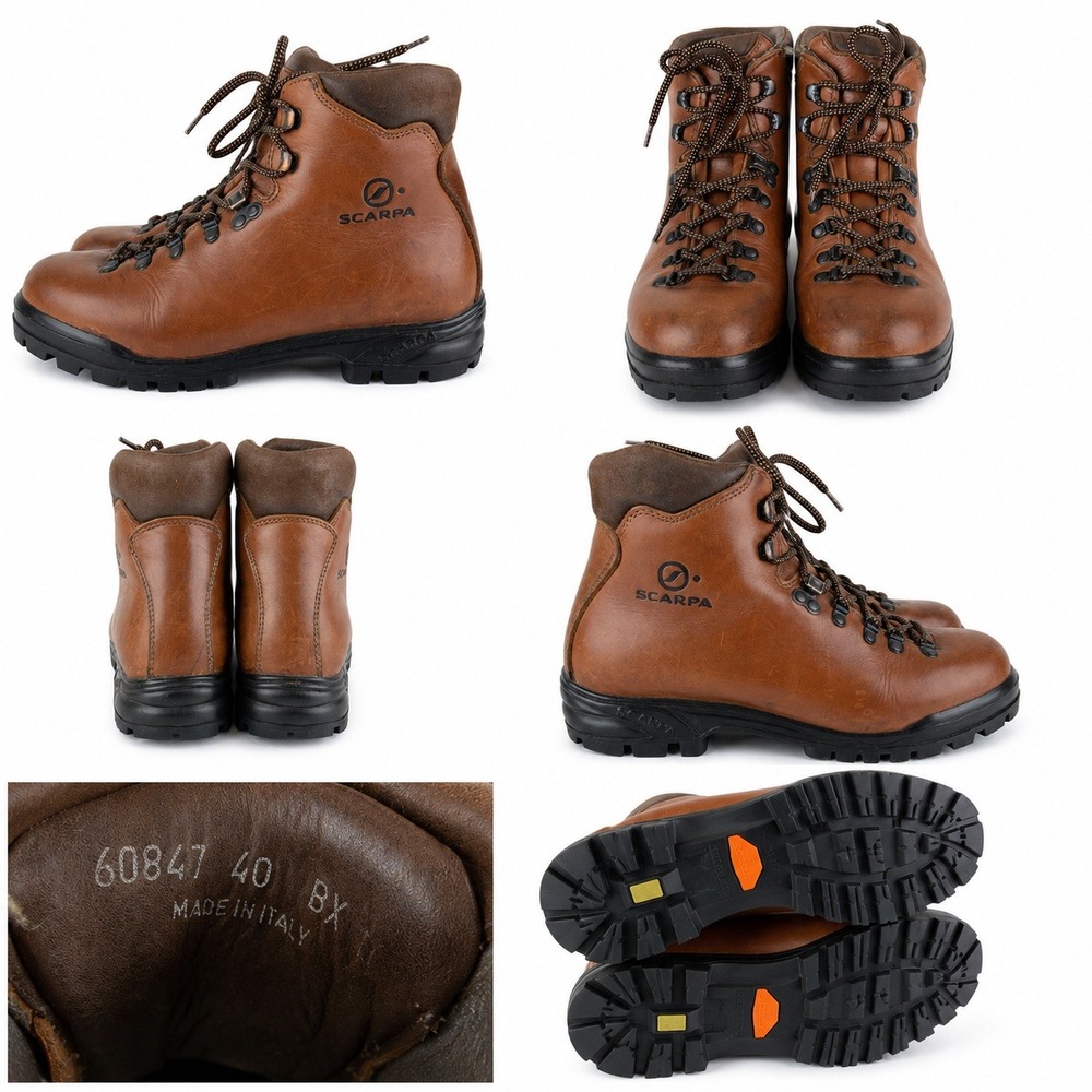 Vtg Scarpa Hiking Mountaineering Boots Mens 7.5 Womens 8.5 Brown Leather